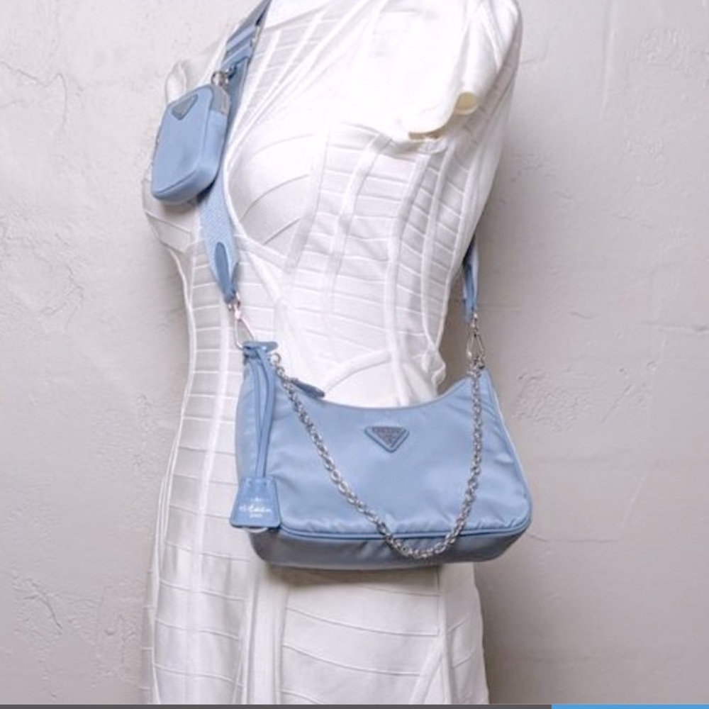 Prada Re-Edition Vegan Nylon Crossbody with Pouch Money Holder Clip in Baby Blue